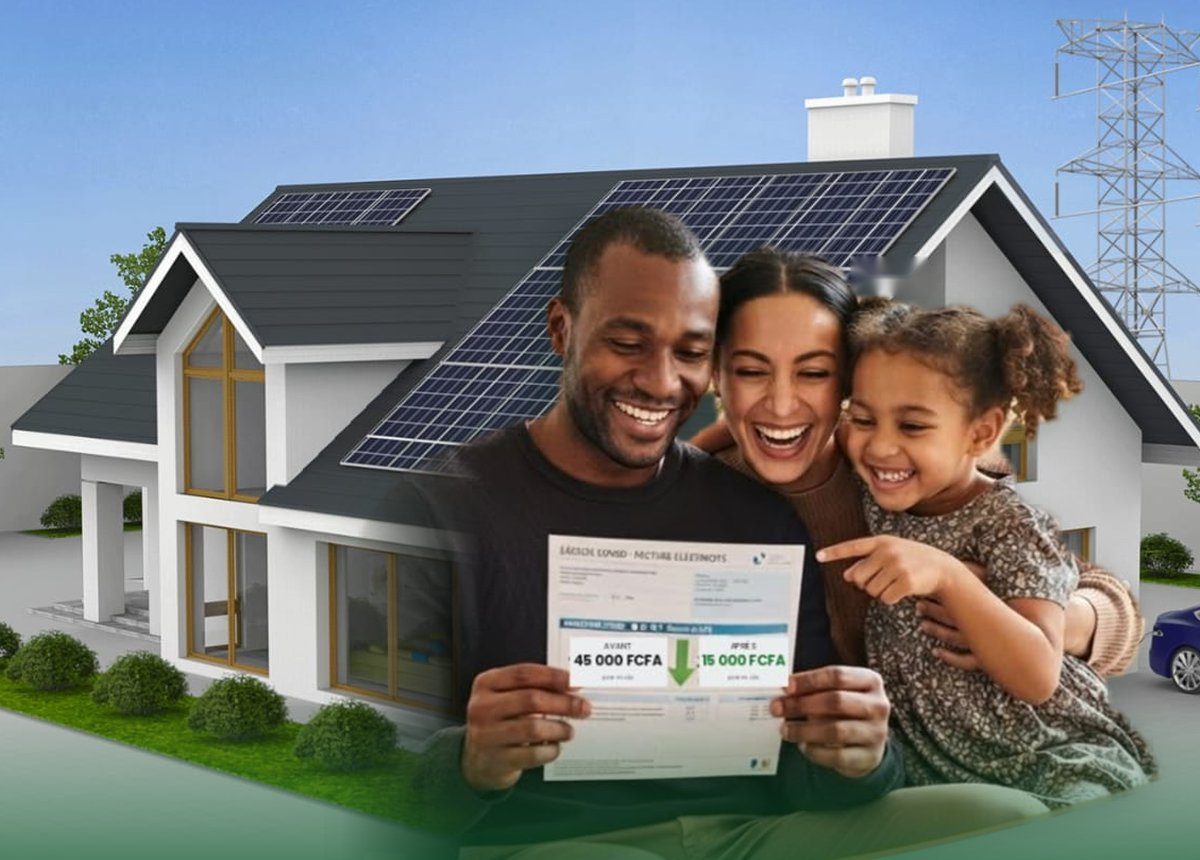 Une famille sourit en comparant sa facture d’électricité, devant une maison équipée de panneaux solaires